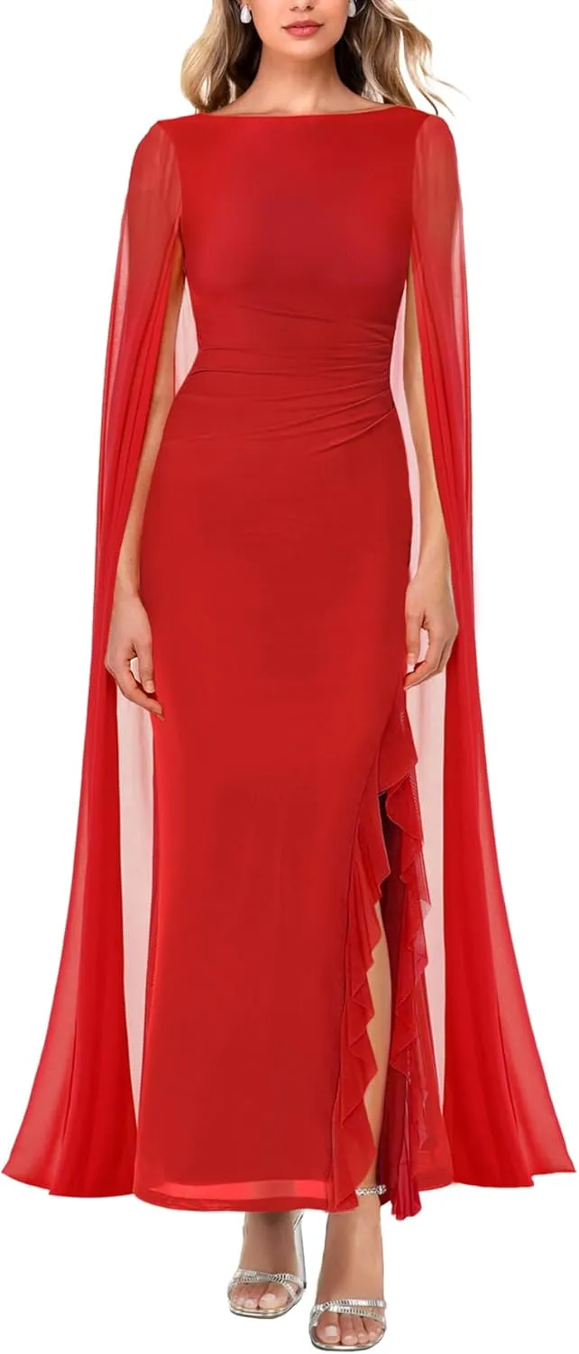 Lrady Women's Formal Evening Gowns High Split Ruffle Wedding Guest Cape Sleeve Cocktail Party Maxi Dresses