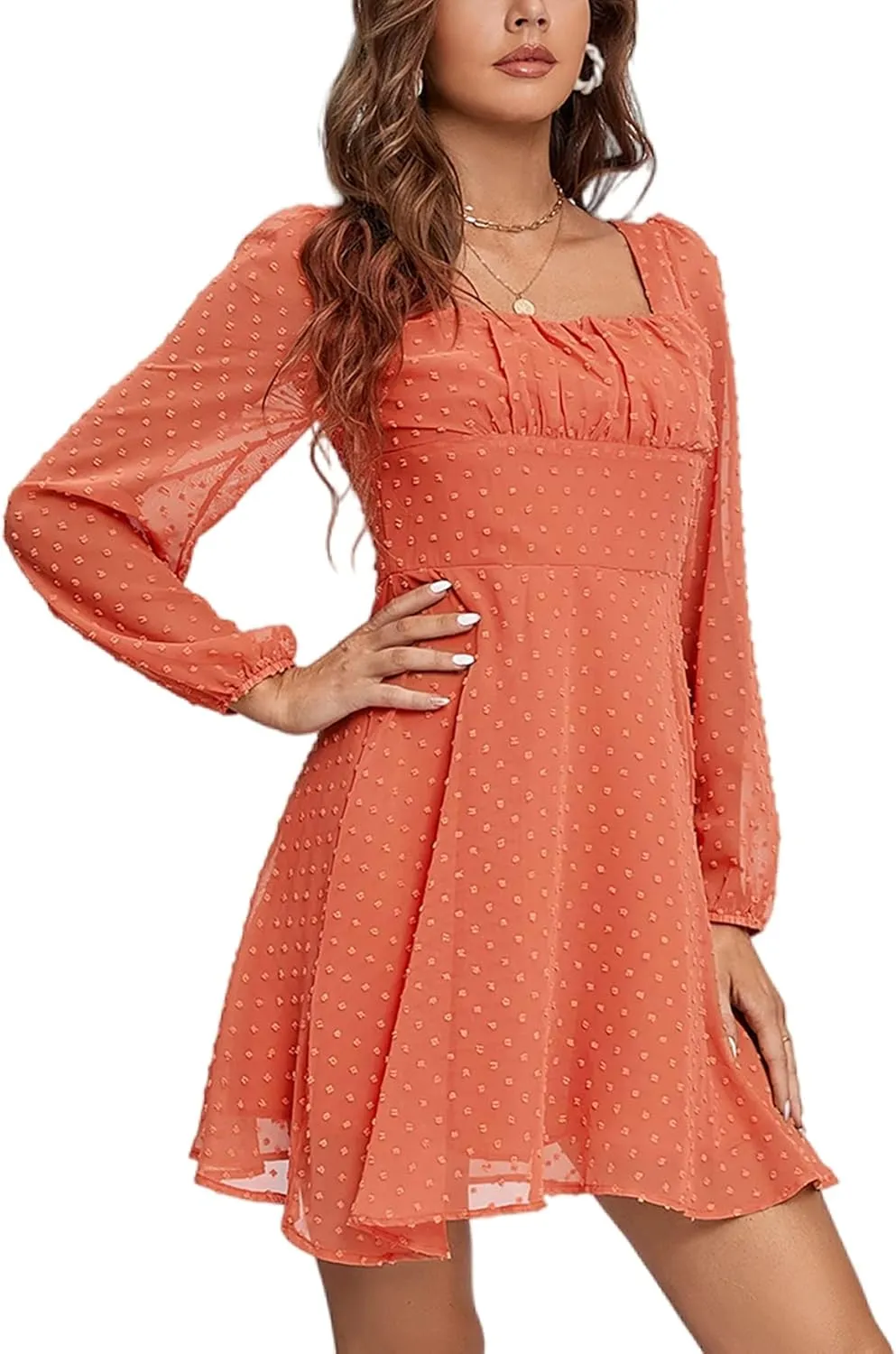 LYANER Women's Polka Dots Square Neck A line Long Sleeve Swiss Dots Mini Dress