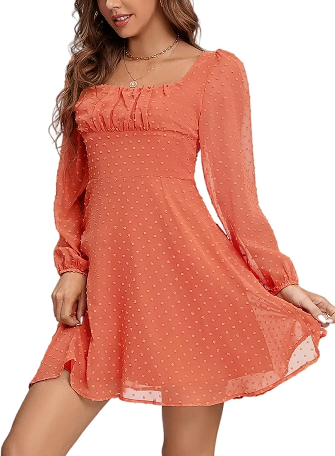 LYANER Women's Polka Dots Square Neck A line Long Sleeve Swiss Dots Mini Dress
