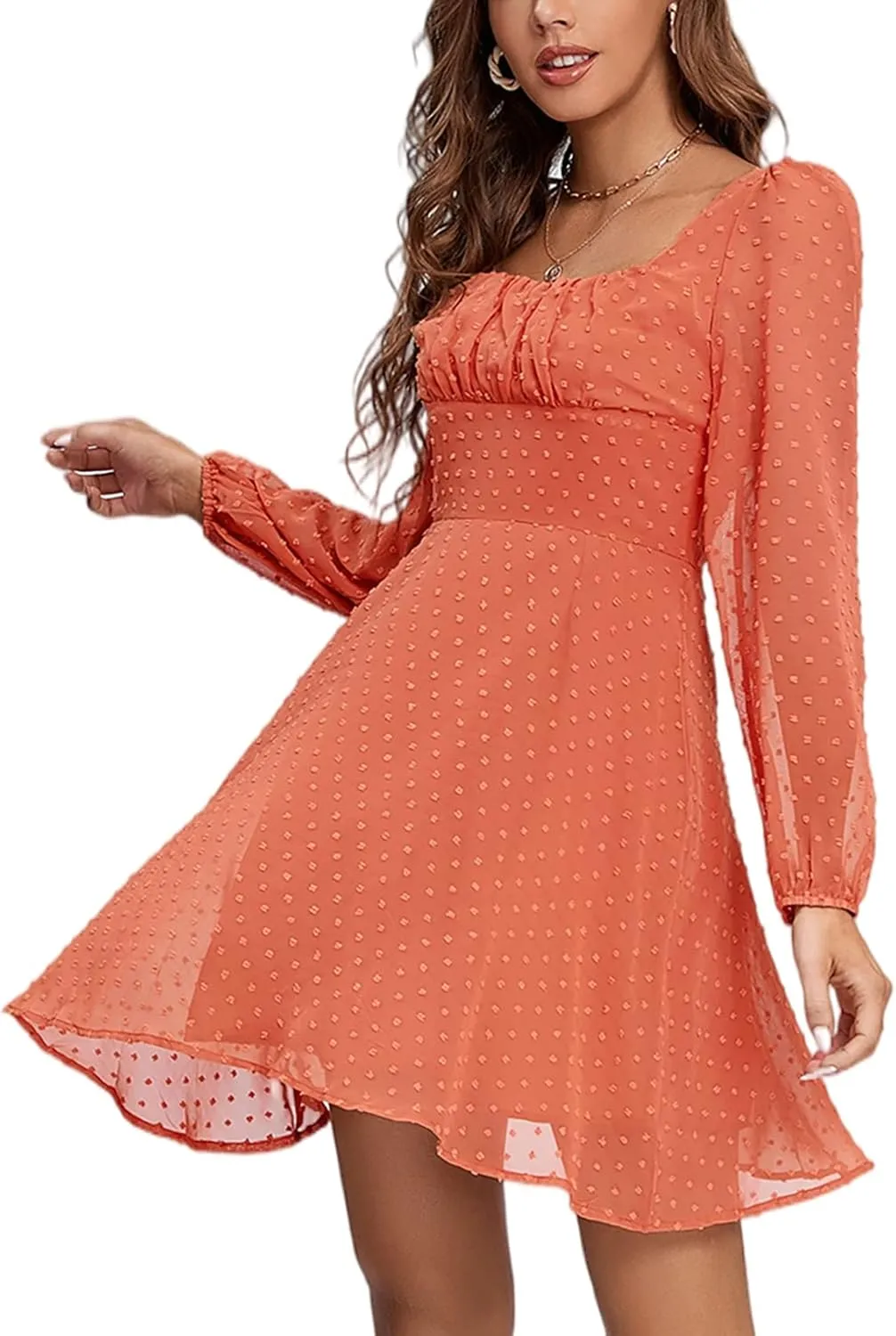 LYANER Women's Polka Dots Square Neck A line Long Sleeve Swiss Dots Mini Dress