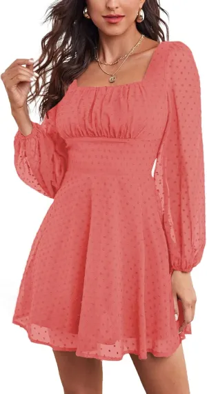 LYANER Women's Polka Dots Square Neck A line Long Sleeve Swiss Dots Mini Dress