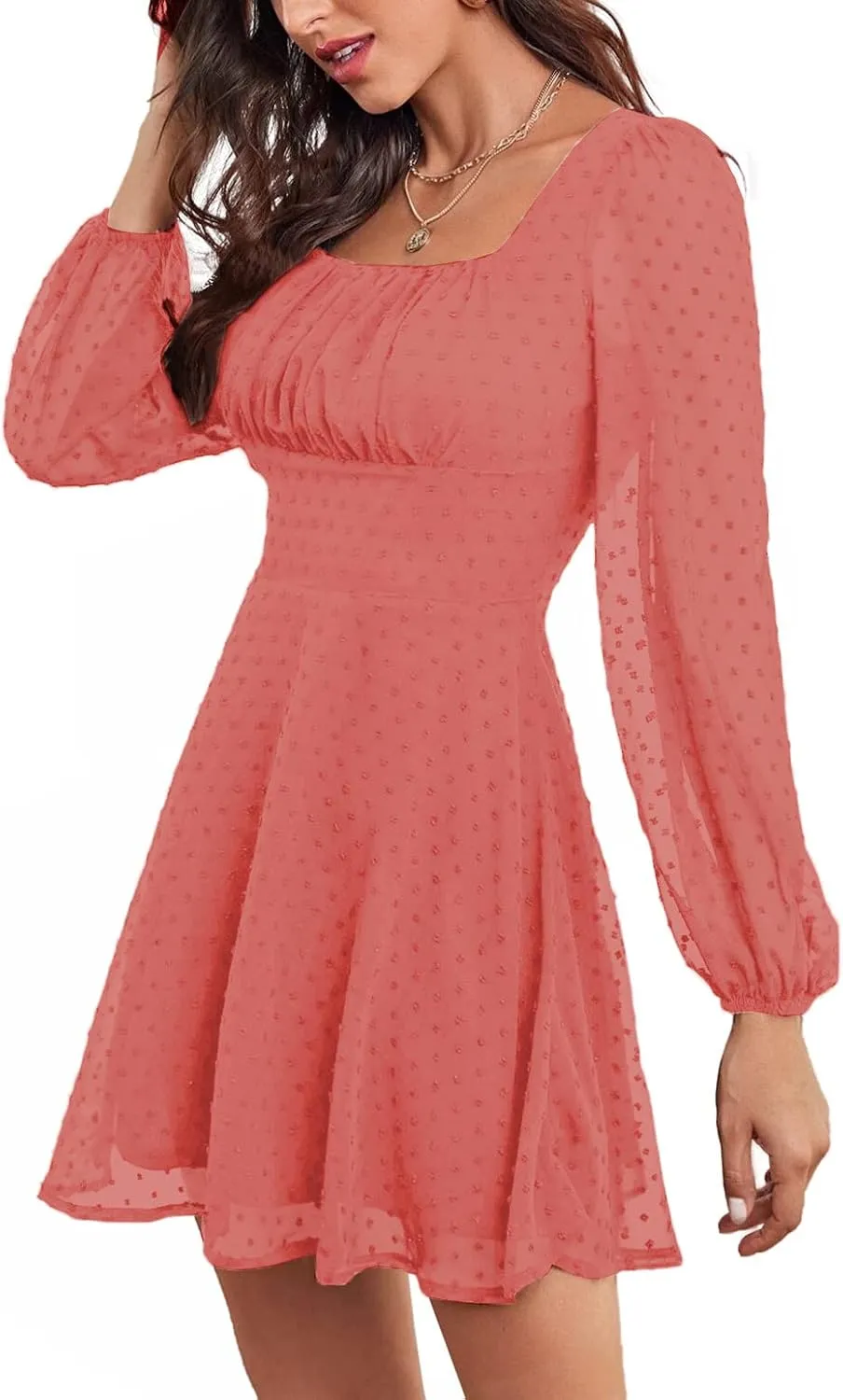 LYANER Women's Polka Dots Square Neck A line Long Sleeve Swiss Dots Mini Dress
