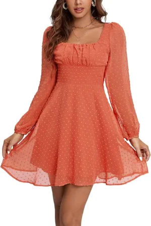LYANER Women's Polka Dots Square Neck A line Long Sleeve Swiss Dots Mini Dress