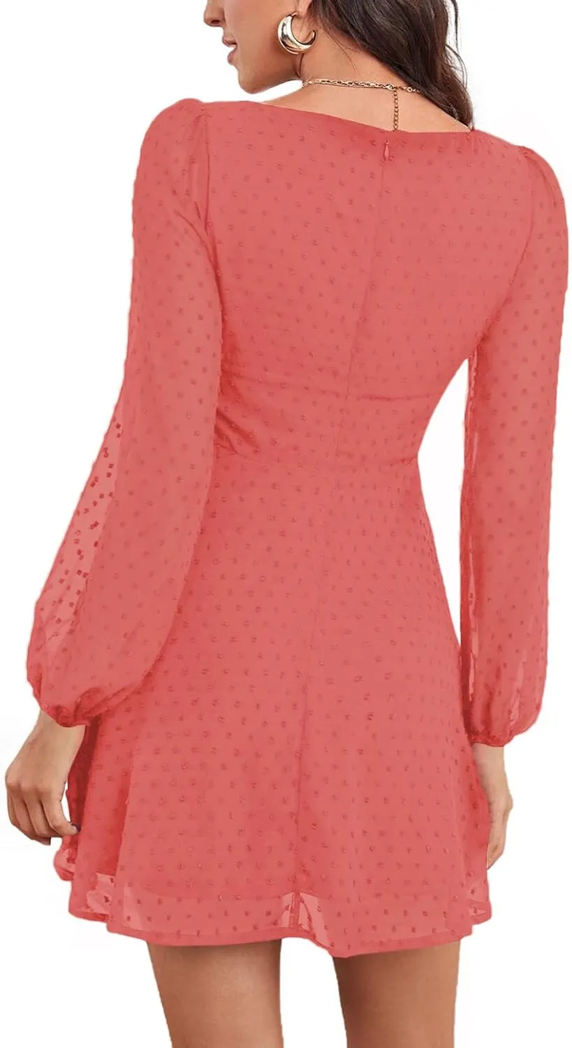 LYANER Women's Polka Dots Square Neck A line Long Sleeve Swiss Dots Mini Dress