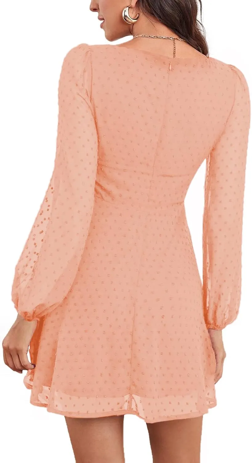 LYANER Women's Polka Dots Square Neck A line Long Sleeve Swiss Dots Mini Dress