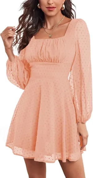 LYANER Women's Polka Dots Square Neck A line Long Sleeve Swiss Dots Mini Dress