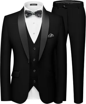 MAGE MALE Men's Slim Fit 3 Piece Suit One Button Solid Shawl Lapel Blazer Jacket Vest Pants Set with Tie Pocket Square