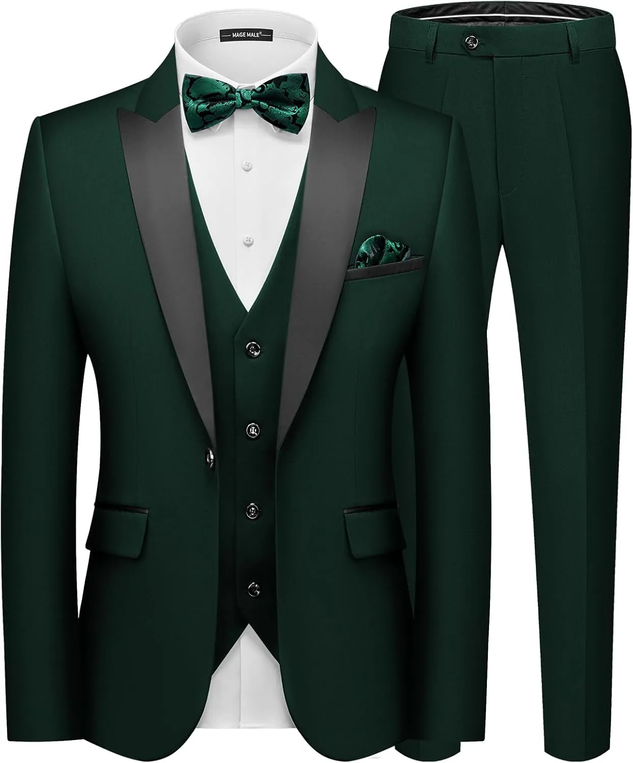 MAGE MALE Men's Slim Fit 3 Piece Suit One Button Solid Shawl Lapel Blazer Jacket Vest Pants Set with Tie Pocket Square