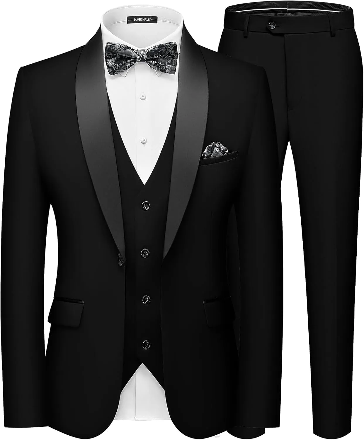 MAGE MALE Men's Slim Fit 3 Piece Suit One Button Solid Shawl Lapel Blazer Jacket Vest Pants Set with Tie Pocket Square
