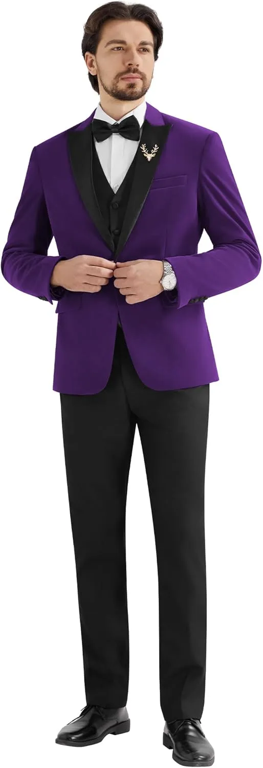 MAGE MALE Mens Velvet Suits Slim Fit Peak Lapel Tuxedo 3 Piece One Button Prom Party Banquet Blazer Vest Pants Set
