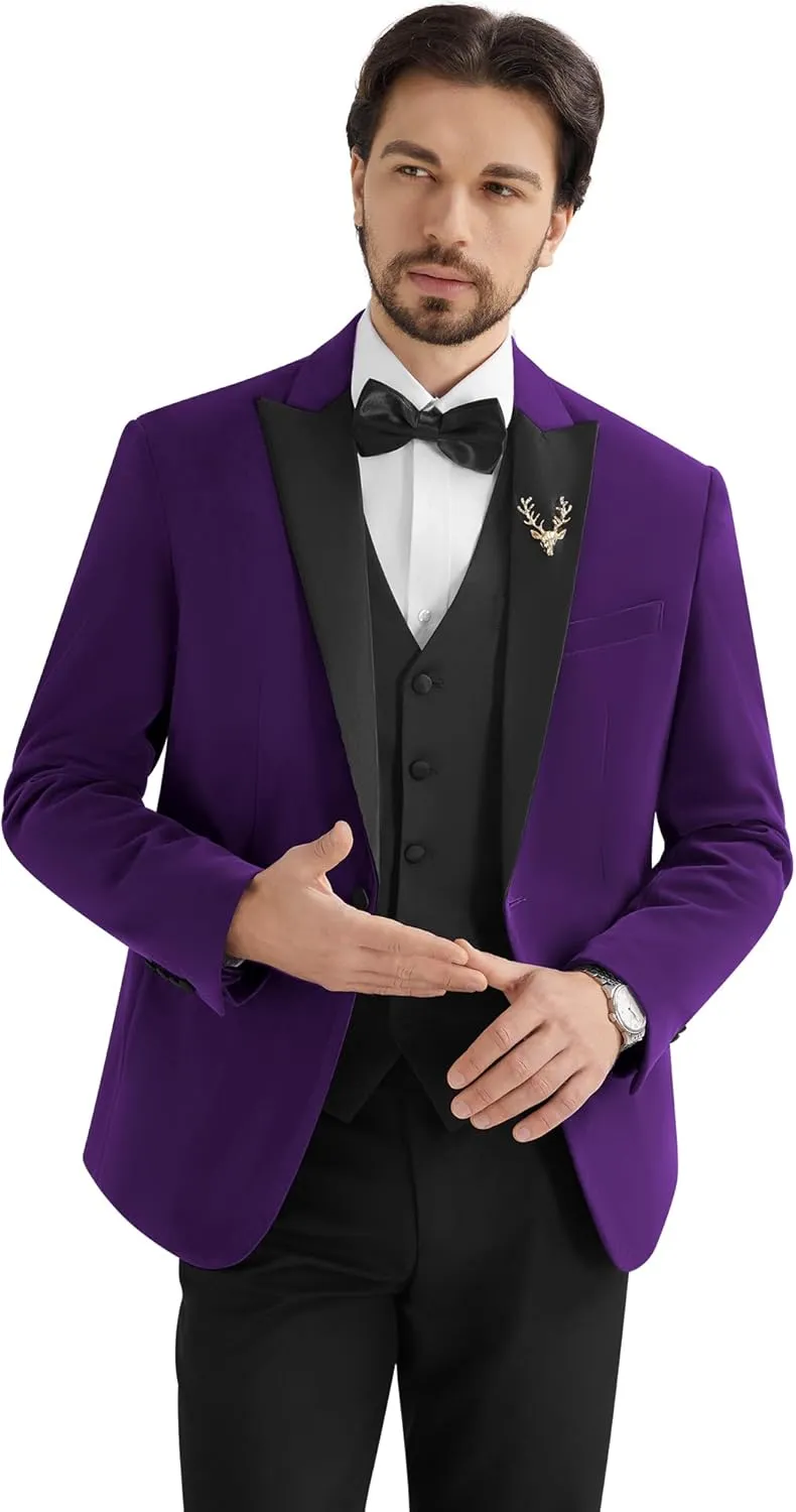 MAGE MALE Mens Velvet Suits Slim Fit Peak Lapel Tuxedo 3 Piece One Button Prom Party Banquet Blazer Vest Pants Set