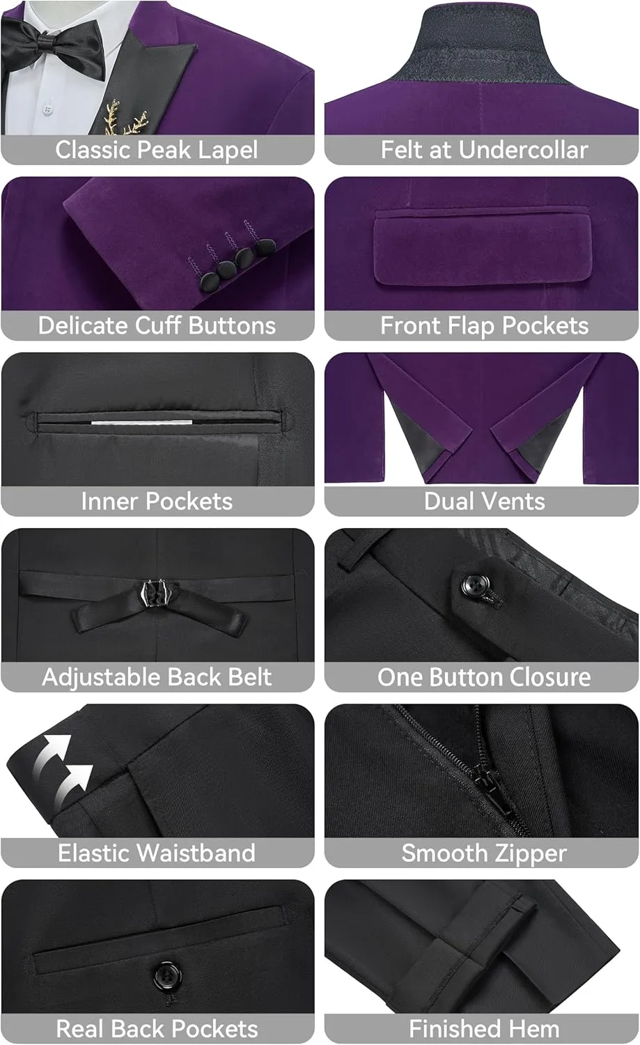 MAGE MALE Mens Velvet Suits Slim Fit Peak Lapel Tuxedo 3 Piece One Button Prom Party Banquet Blazer Vest Pants Set