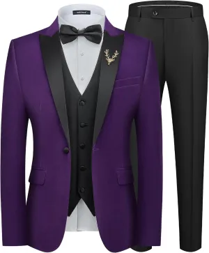 MAGE MALE Mens Velvet Suits Slim Fit Peak Lapel Tuxedo 3 Piece One Button Prom Party Banquet Blazer Vest Pants Set