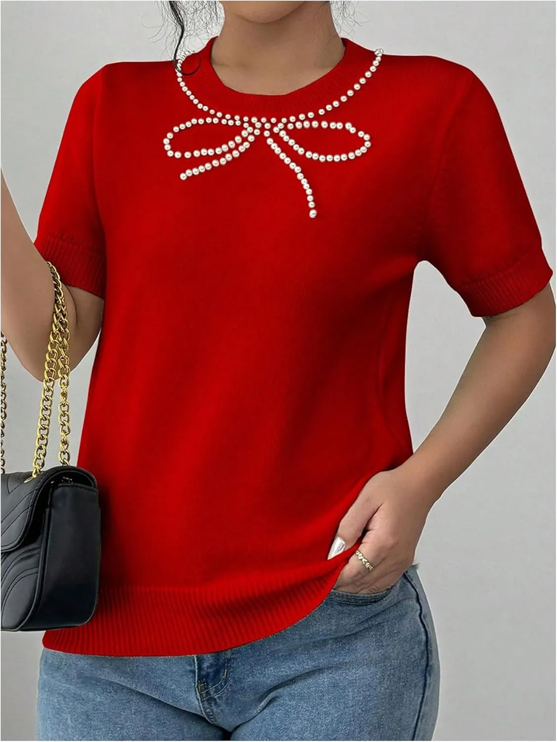 MakeMeChic Women's Bow Sweater Crew Neck Short Sleeve Knitted Pullover Beaded Tops