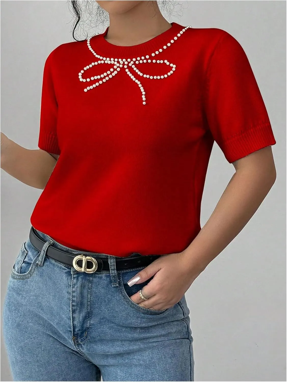 MakeMeChic Women's Bow Sweater Crew Neck Short Sleeve Knitted Pullover Beaded Tops