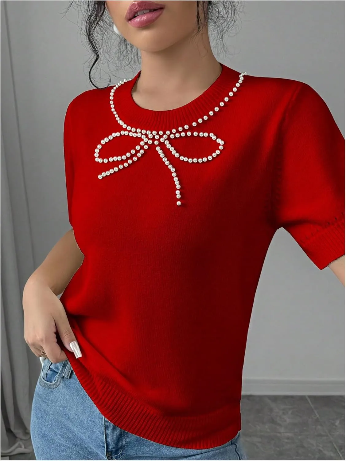 MakeMeChic Women's Bow Sweater Crew Neck Short Sleeve Knitted Pullover Beaded Tops