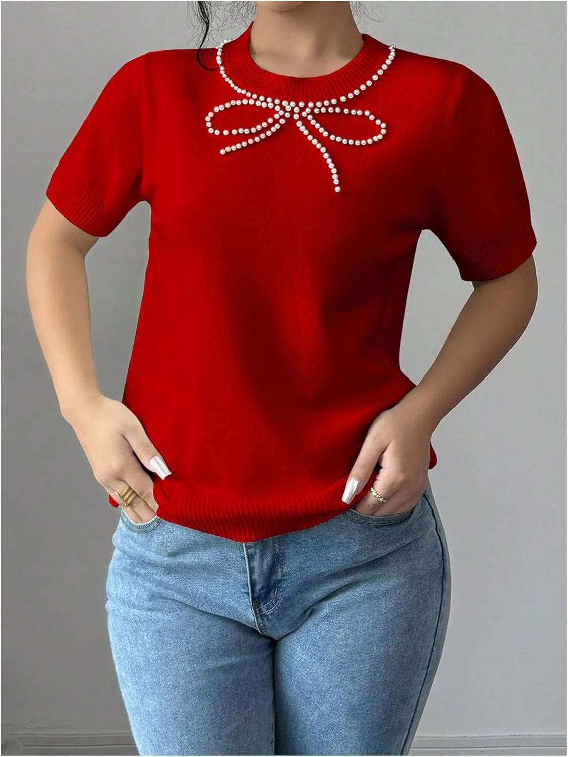 MakeMeChic Women's Bow Sweater Crew Neck Short Sleeve Knitted Pullover Beaded Tops