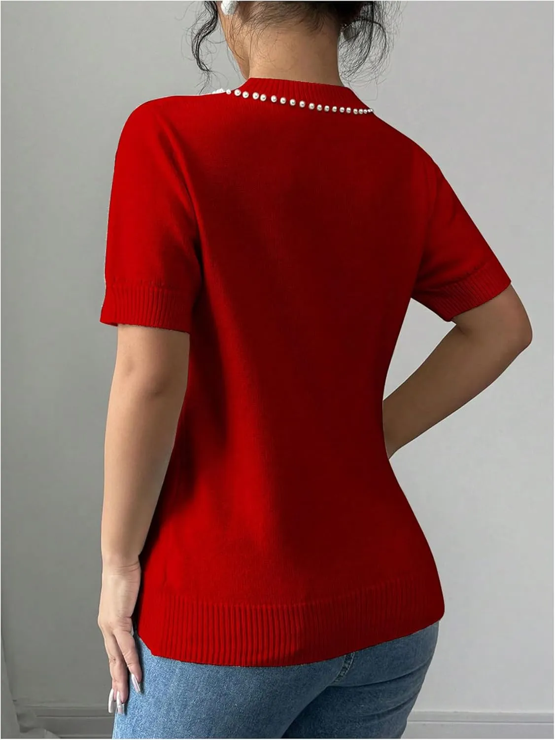 MakeMeChic Women's Bow Sweater Crew Neck Short Sleeve Knitted Pullover Beaded Tops