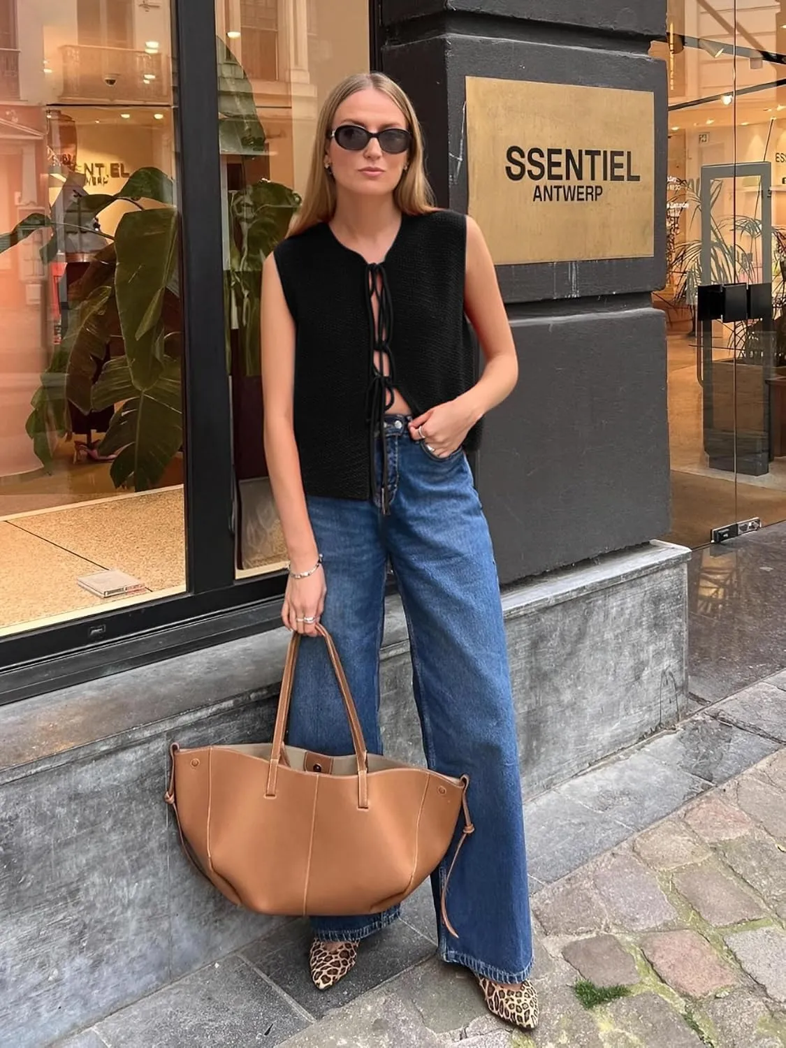 Mansy Women Tie Front Vest Top Y2k Knit V Neck Sleeveless Crop Sweater Tank Vintage Casual Streetwear
