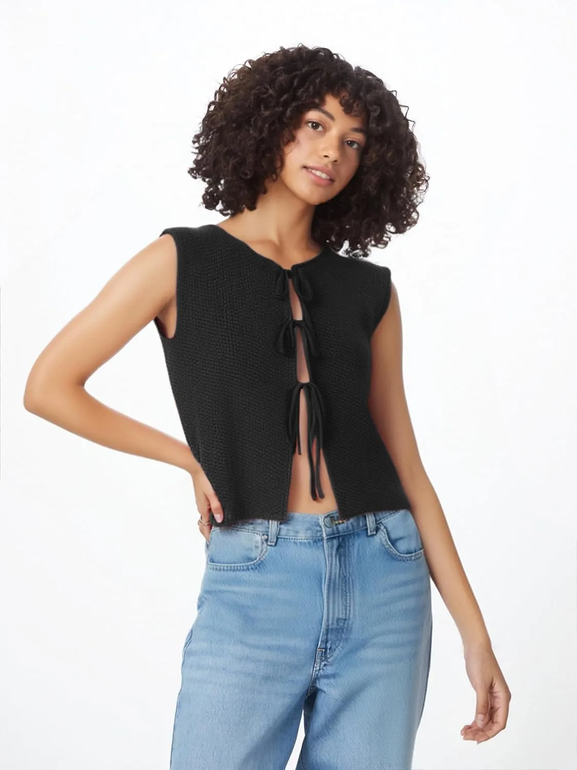 Mansy Women Tie Front Vest Top Y2k Knit V Neck Sleeveless Crop Sweater Tank Vintage Casual Streetwear