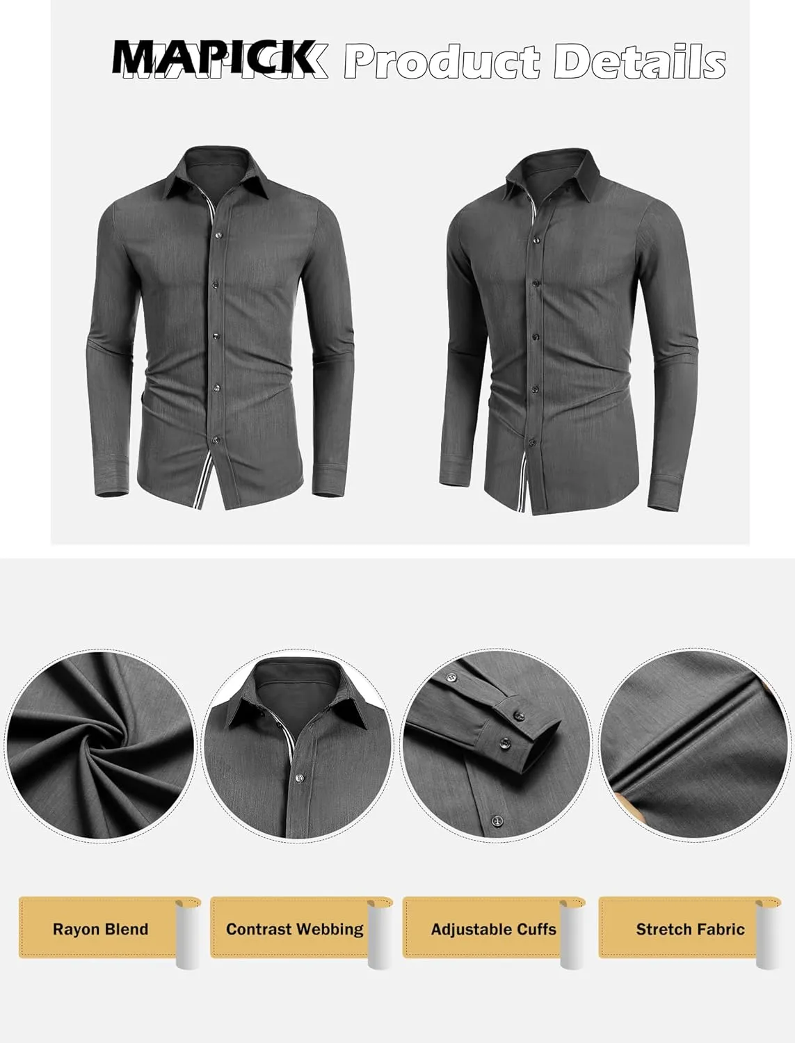 MAPICK Mens Casual Button Down Denim Shirts Long Sleeve Untucked Stretch Wrinkle-Free Dress Shirt