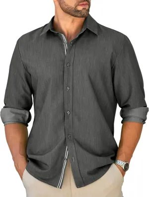 MAPICK Mens Casual Button Down Denim Shirts Long Sleeve Untucked Stretch Wrinkle-Free Dress Shirt