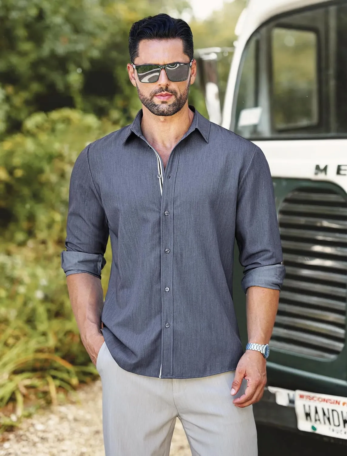 MAPICK Mens Casual Button Down Denim Shirts Long Sleeve Untucked Stretch Wrinkle-Free Dress Shirt