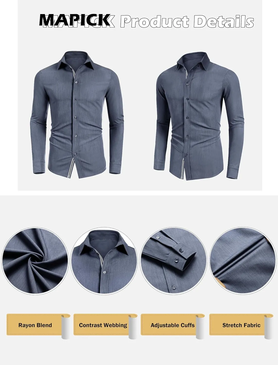 MAPICK Mens Casual Button Down Denim Shirts Long Sleeve Untucked Stretch Wrinkle-Free Dress Shirt