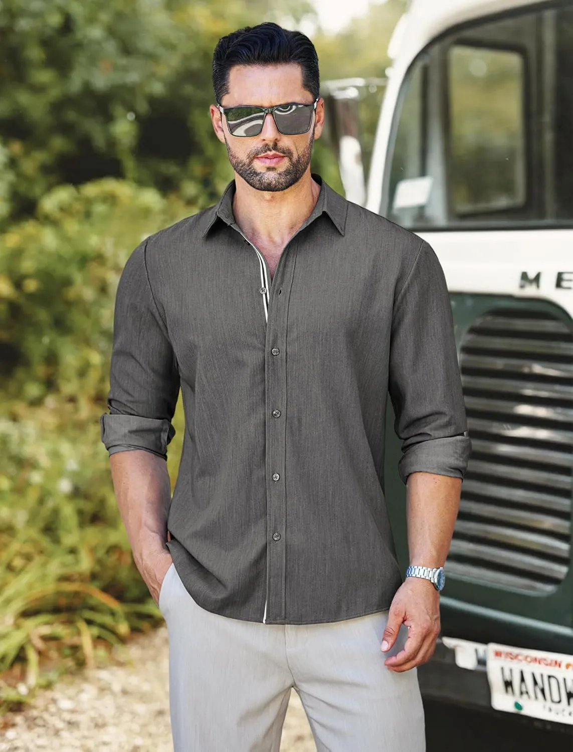 MAPICK Mens Casual Button Down Denim Shirts Long Sleeve Untucked Stretch Wrinkle-Free Dress Shirt