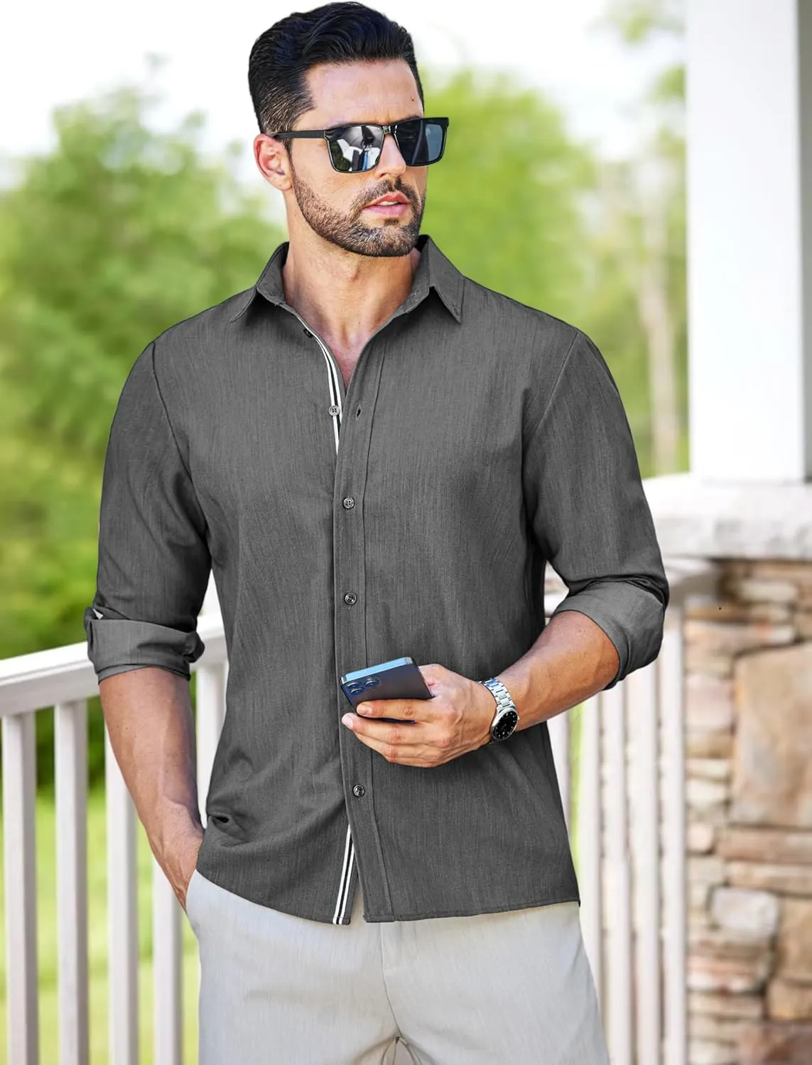 MAPICK Mens Casual Button Down Denim Shirts Long Sleeve Untucked Stretch Wrinkle-Free Dress Shirt