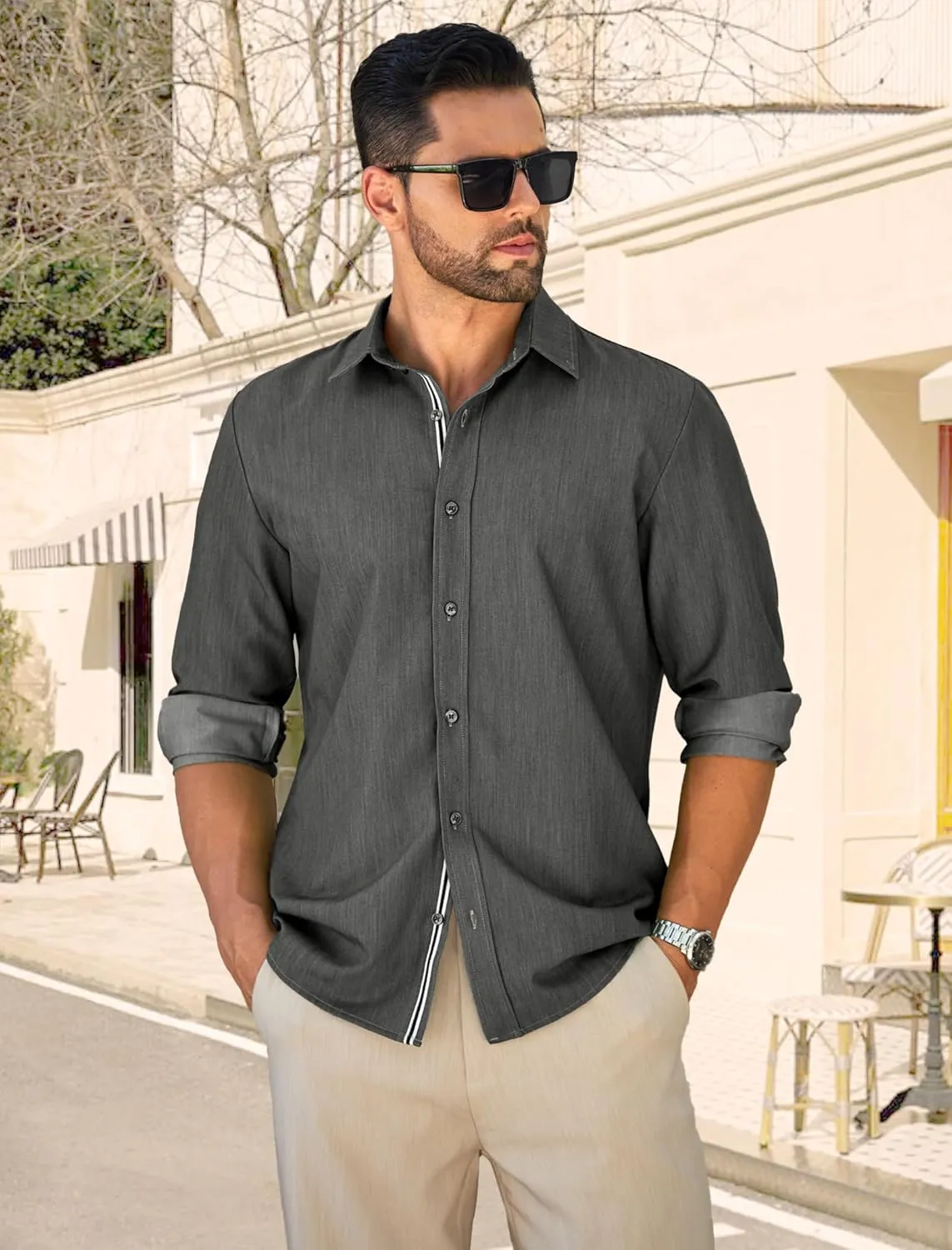 MAPICK Mens Casual Button Down Denim Shirts Long Sleeve Untucked Stretch Wrinkle-Free Dress Shirt