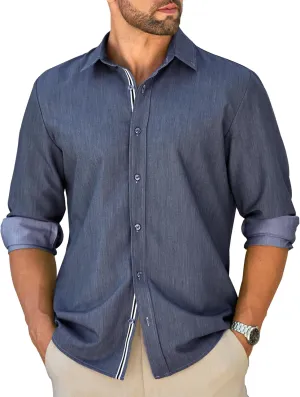 MAPICK Mens Casual Button Down Denim Shirts Long Sleeve Untucked Stretch Wrinkle-Free Dress Shirt