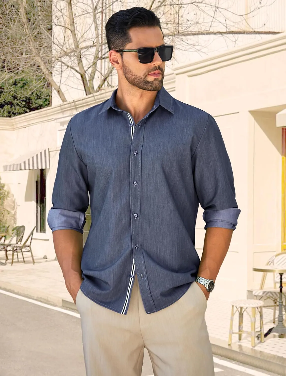 MAPICK Mens Casual Button Down Denim Shirts Long Sleeve Untucked Stretch Wrinkle-Free Dress Shirt