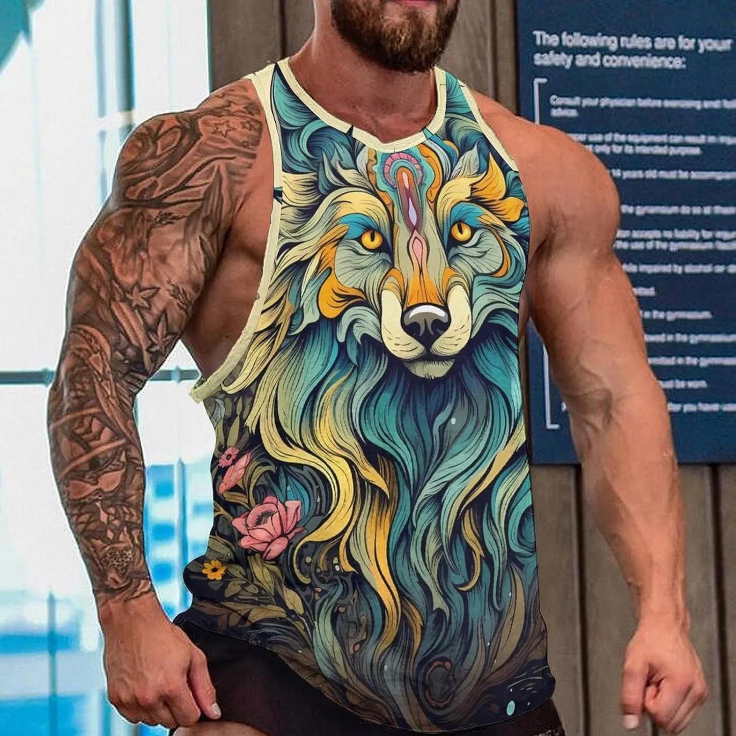 MARSVOVO Camo Tank Top for Men 2024 Trendy Wolf Print Sleeveless Crewneck Vintage Summer Religion Totem Graphic Gym Vest