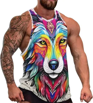 MARSVOVO Camo Tank Top for Men 2024 Trendy Wolf Print Sleeveless Crewneck Vintage Summer Religion Totem Graphic Gym Vest