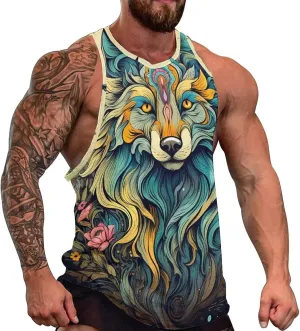 MARSVOVO Camo Tank Top for Men 2024 Trendy Wolf Print Sleeveless Crewneck Vintage Summer Religion Totem Graphic Gym Vest