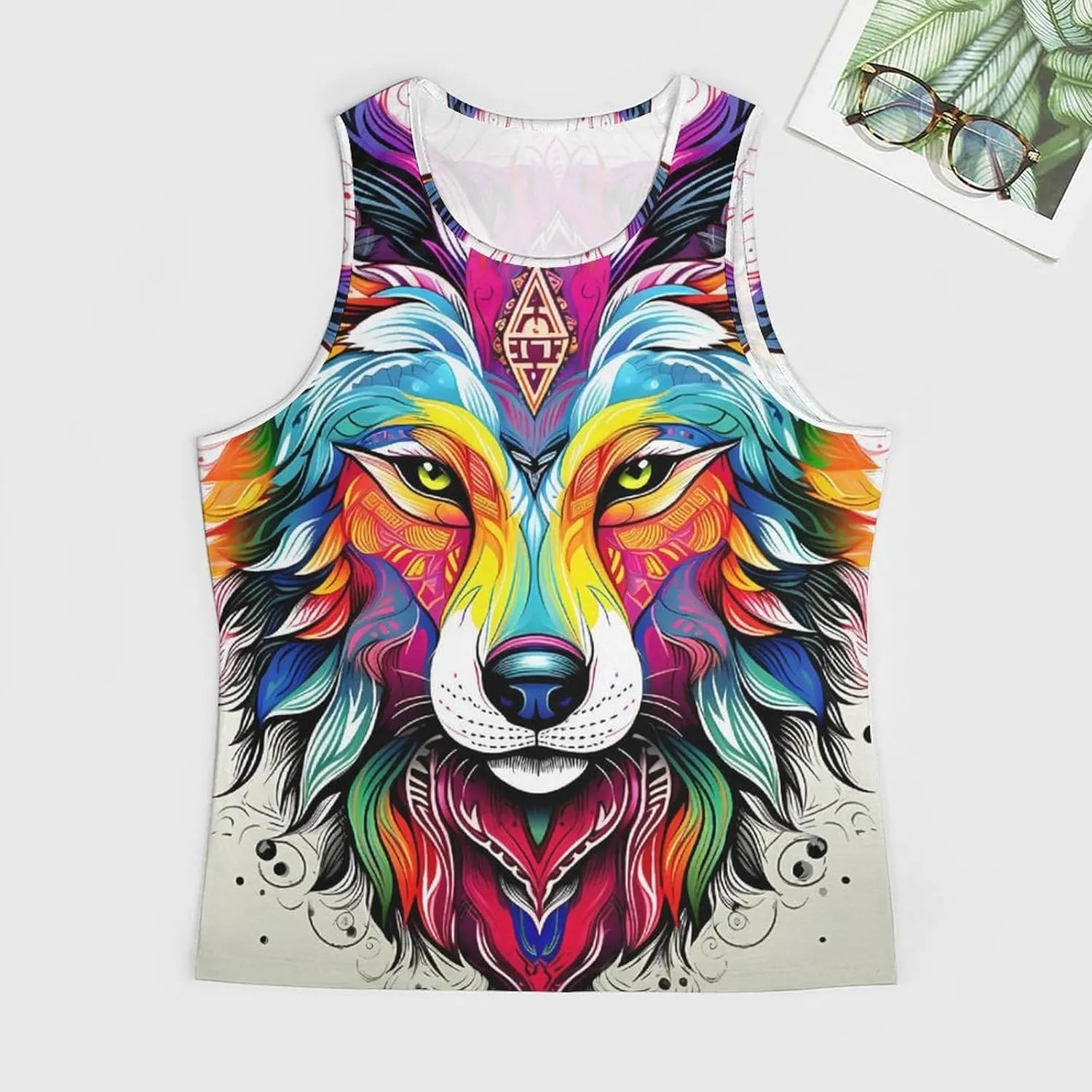 MARSVOVO Camo Tank Top for Men 2024 Trendy Wolf Print Sleeveless Crewneck Vintage Summer Religion Totem Graphic Gym Vest
