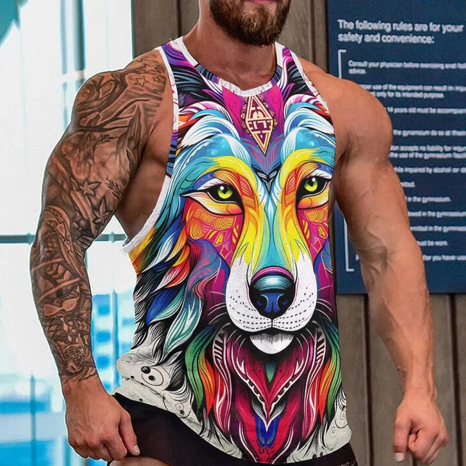 MARSVOVO Camo Tank Top for Men 2024 Trendy Wolf Print Sleeveless Crewneck Vintage Summer Religion Totem Graphic Gym Vest