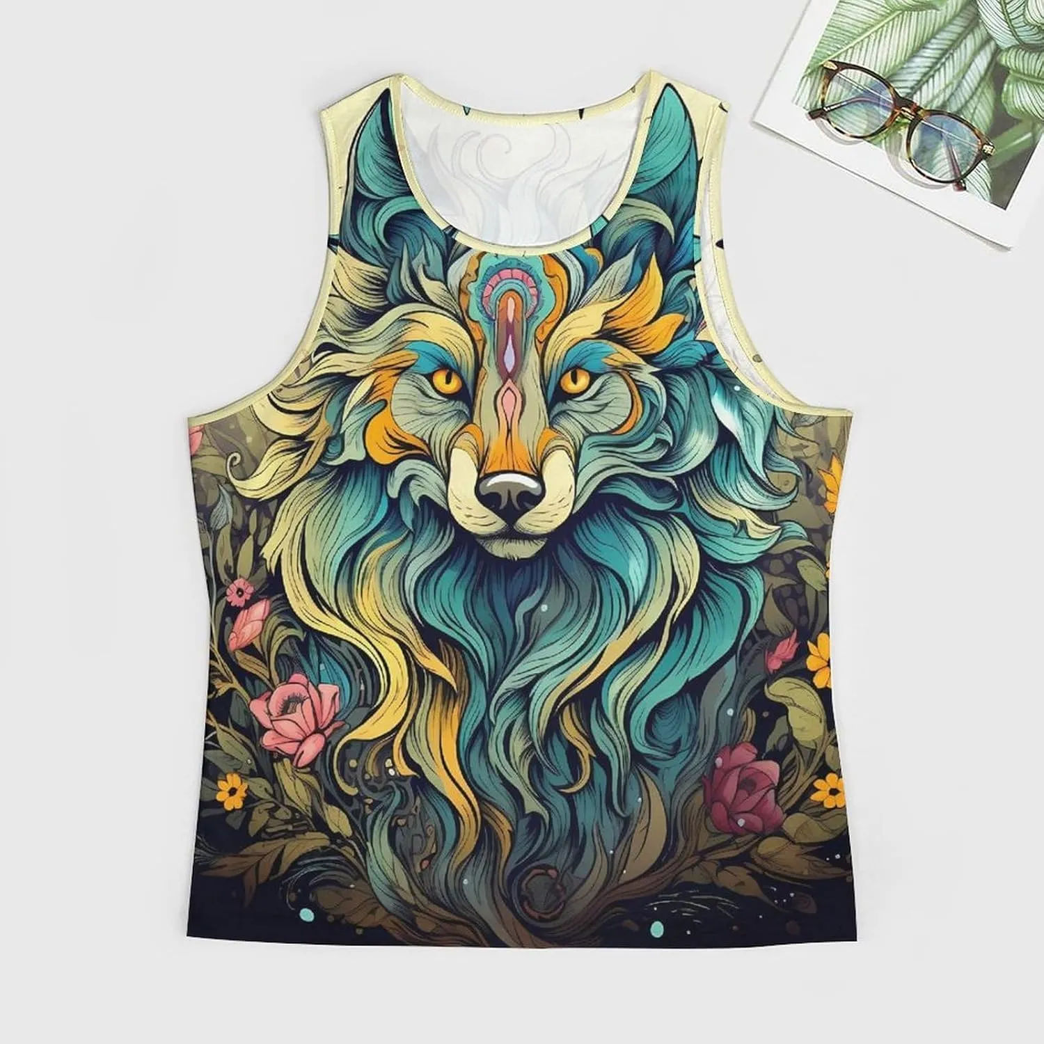 MARSVOVO Camo Tank Top for Men 2024 Trendy Wolf Print Sleeveless Crewneck Vintage Summer Religion Totem Graphic Gym Vest