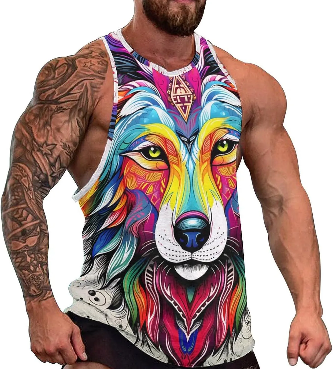 MARSVOVO Camo Tank Top for Men 2024 Trendy Wolf Print Sleeveless Crewneck Vintage Summer Religion Totem Graphic Gym Vest