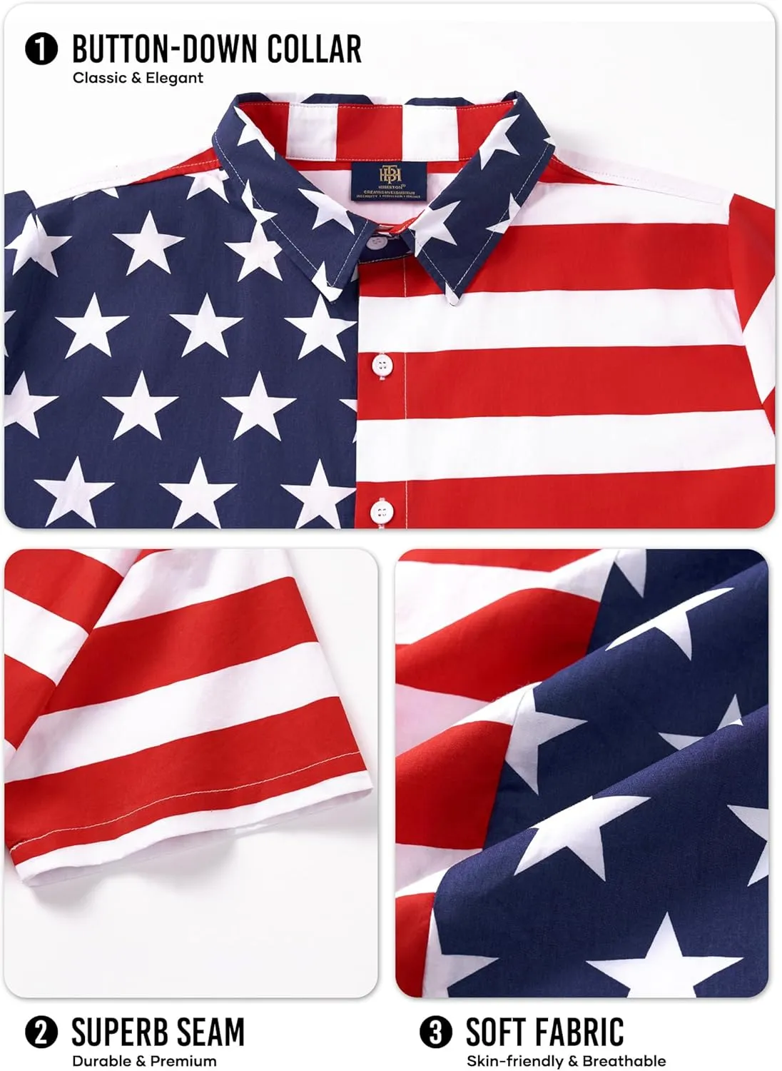 Men American Flag Button Shirt Cotton 4th of July Short Sleeve Shirts (S-3XL)