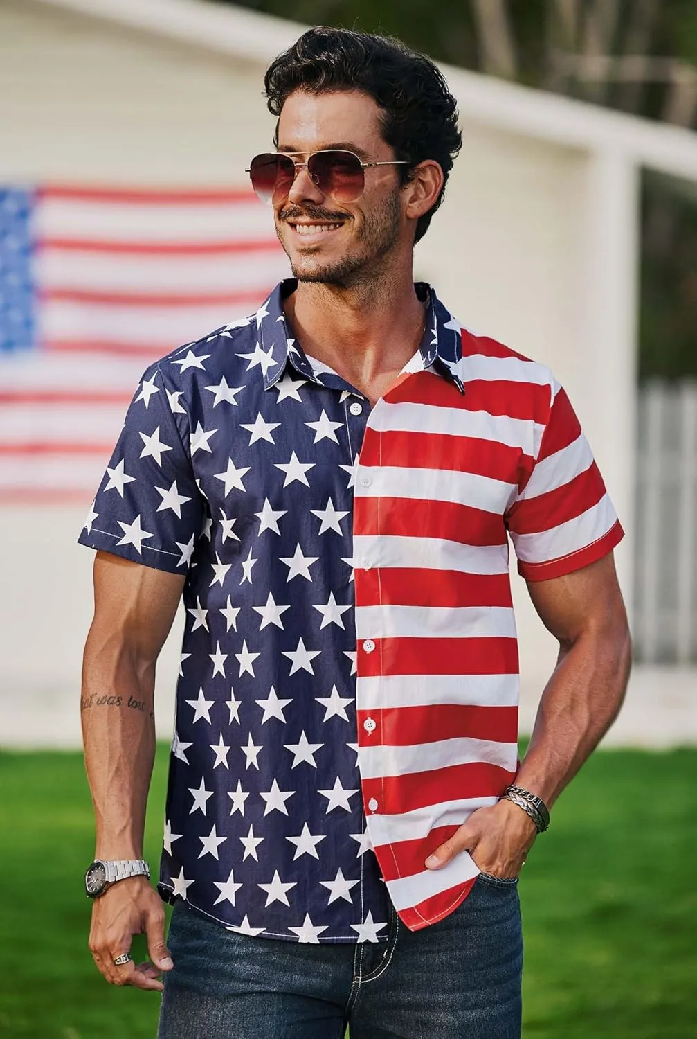 Men American Flag Button Shirt Cotton 4th of July Short Sleeve Shirts (S-3XL)