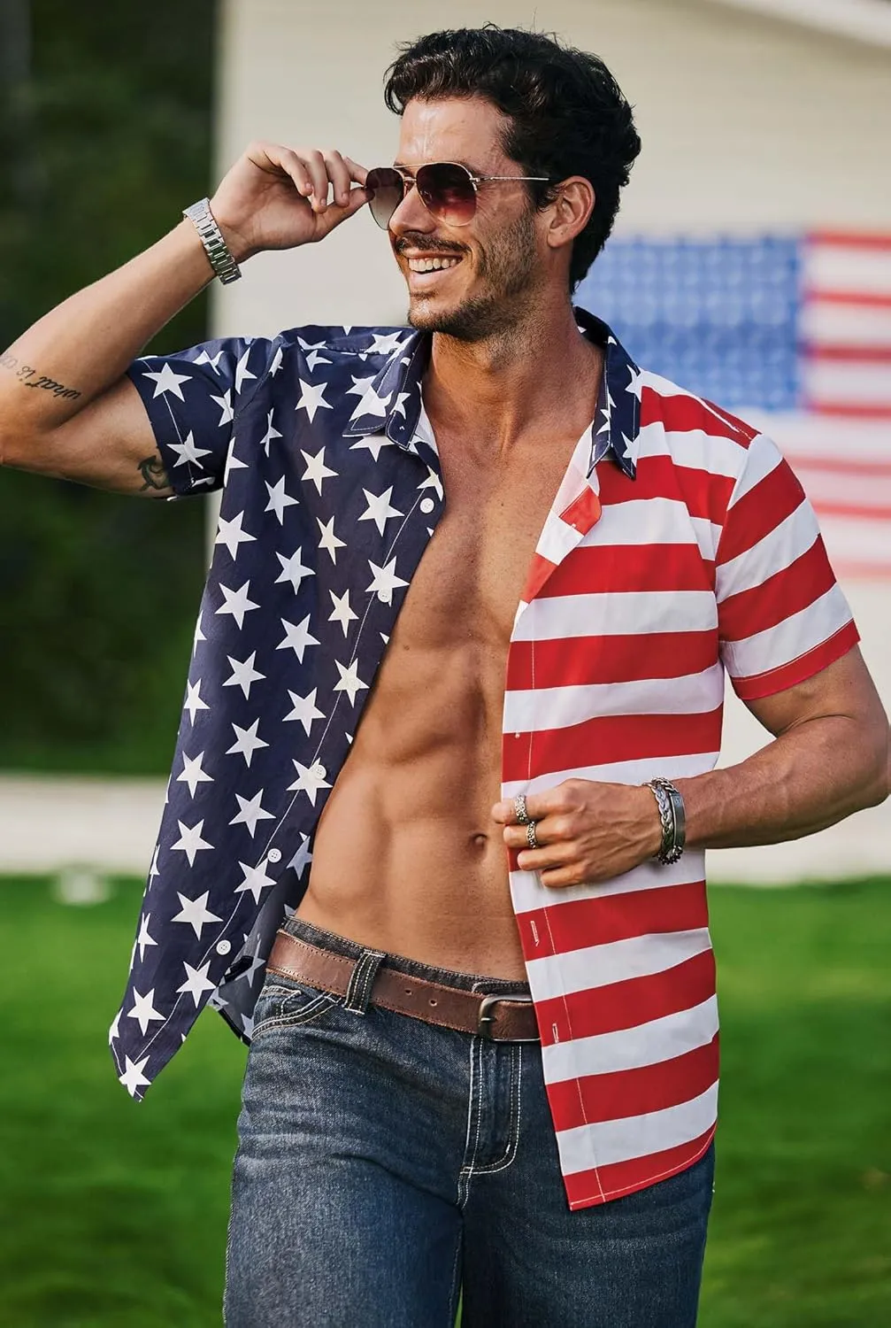 Men American Flag Button Shirt Cotton 4th of July Short Sleeve Shirts (S-3XL)