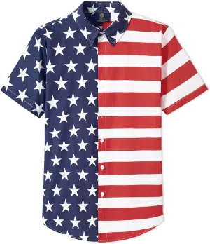 Men American Flag Button Shirt Cotton 4th of July Short Sleeve Shirts (S-3XL)