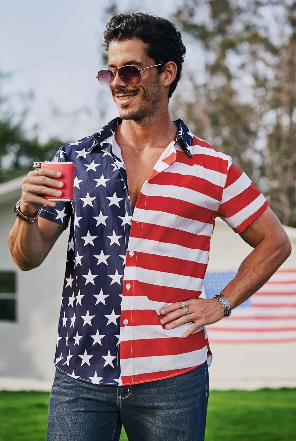 Men American Flag Button Shirt Cotton 4th of July Short Sleeve Shirts (S-3XL)