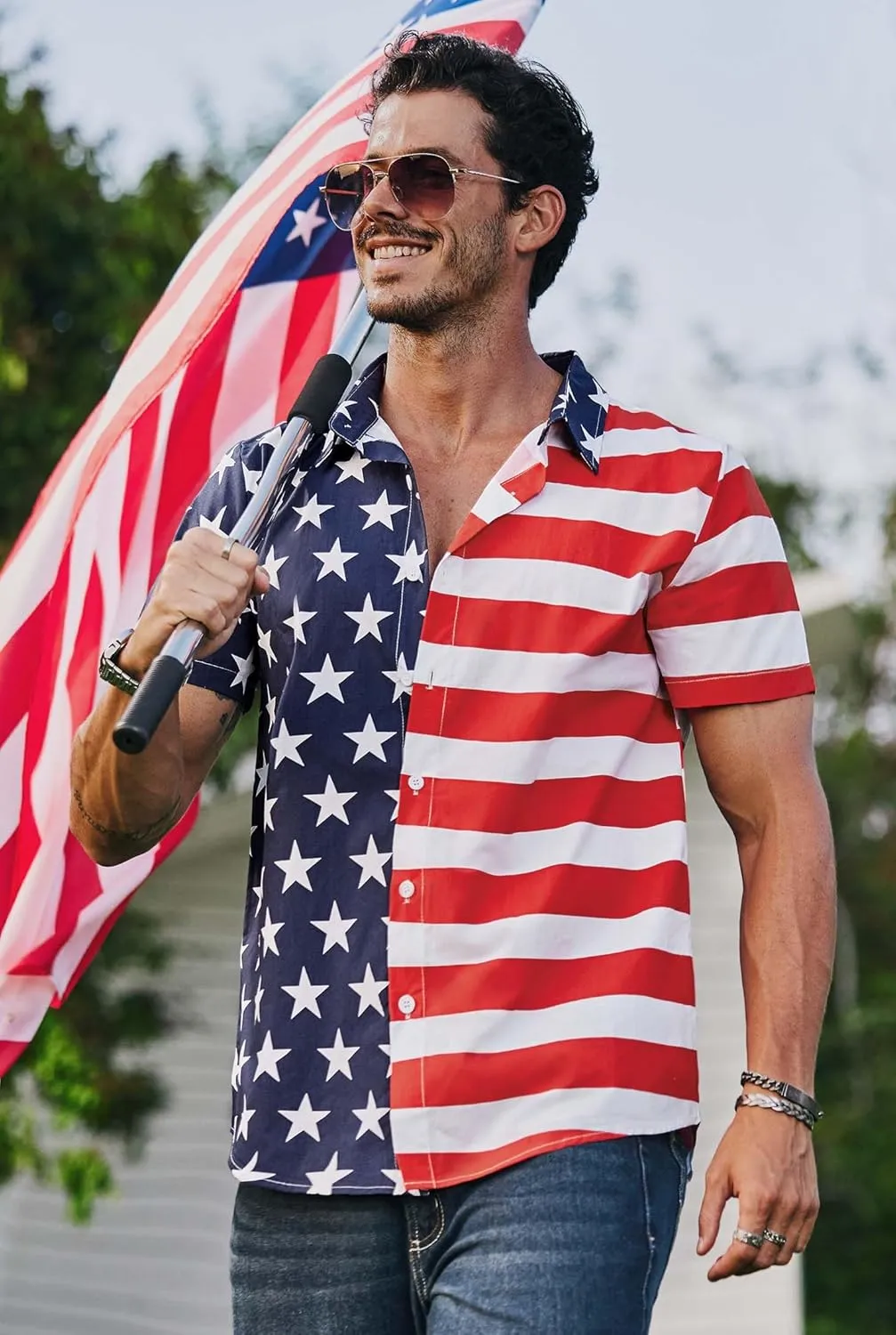 Men American Flag Button Shirt Cotton 4th of July Short Sleeve Shirts (S-3XL)
