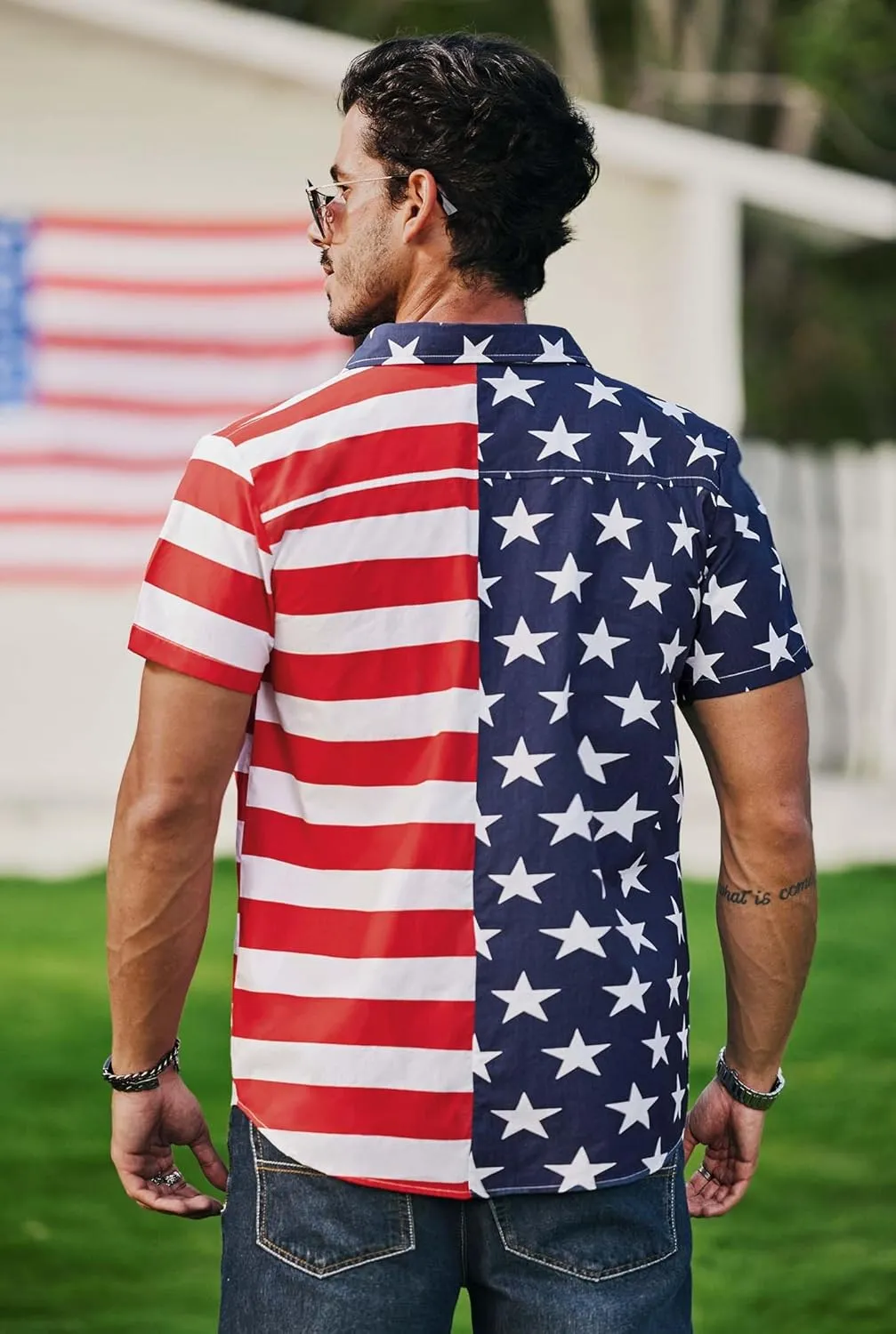 Men American Flag Button Shirt Cotton 4th of July Short Sleeve Shirts (S-3XL)