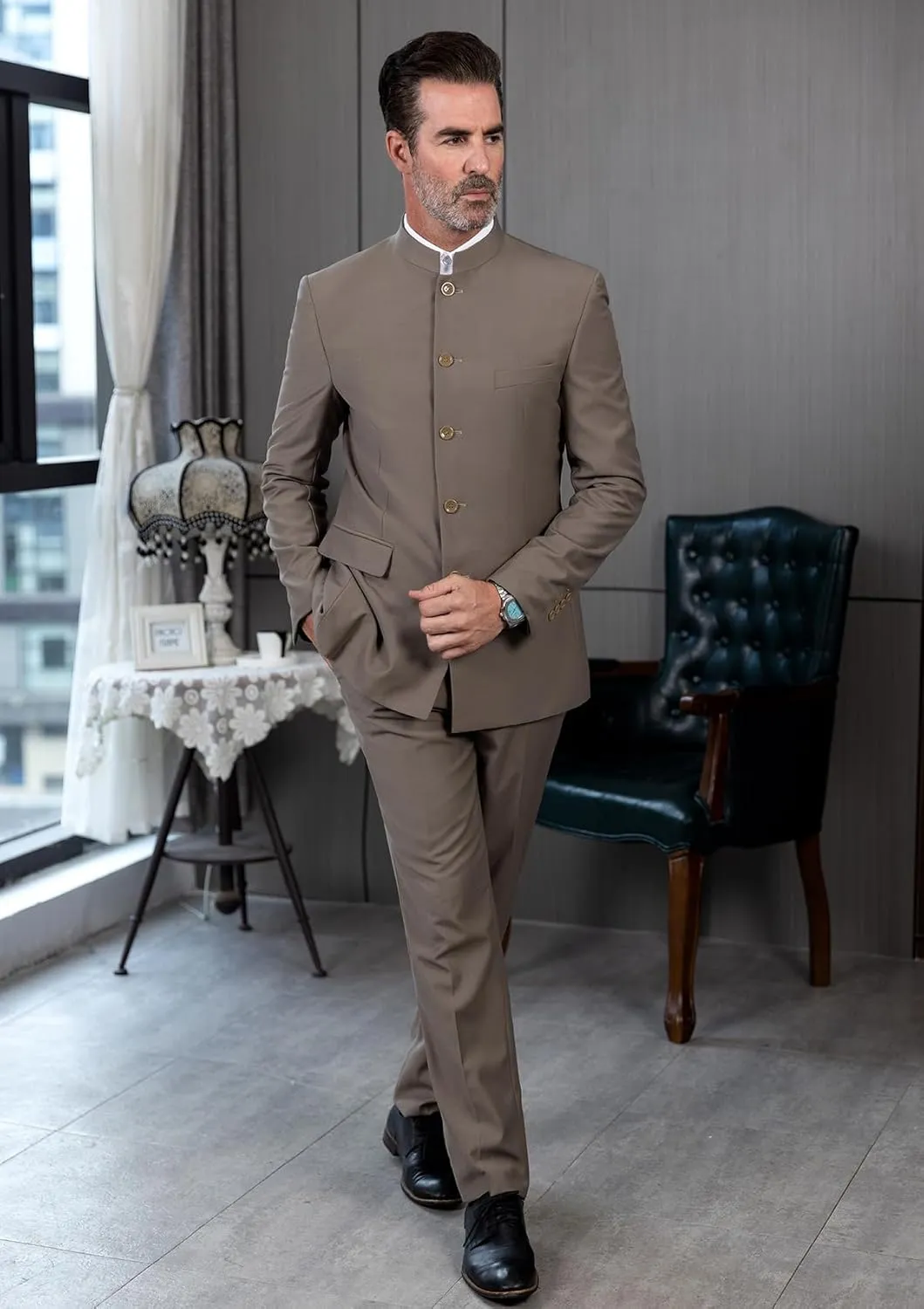 Men's 2 Pieces Suit Chinese Stand Collar Slim Fit Mandarin Formal Mens Suit Traditional Wedding Outfits