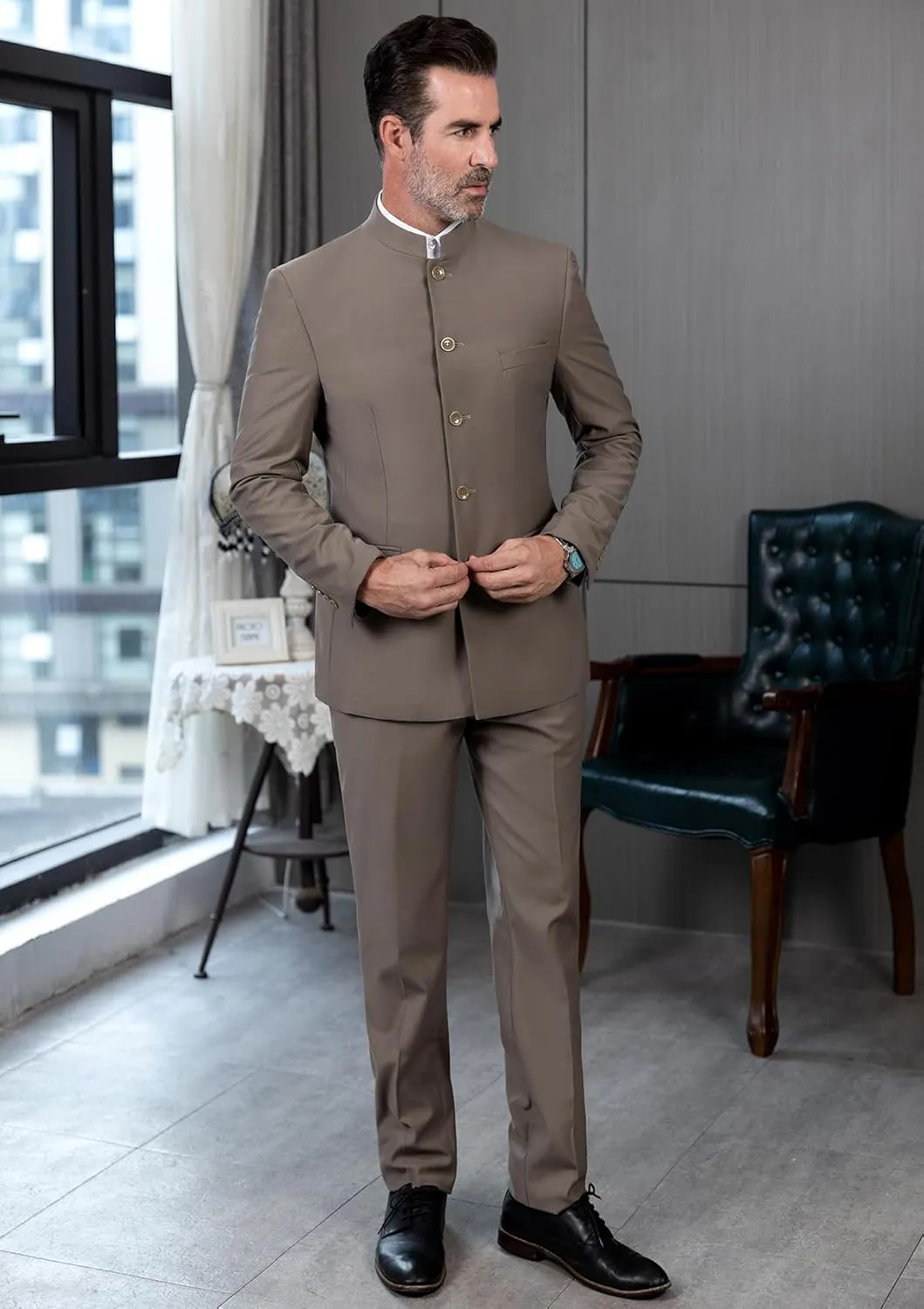Men's 2 Pieces Suit Chinese Stand Collar Slim Fit Mandarin Formal Mens Suit Traditional Wedding Outfits