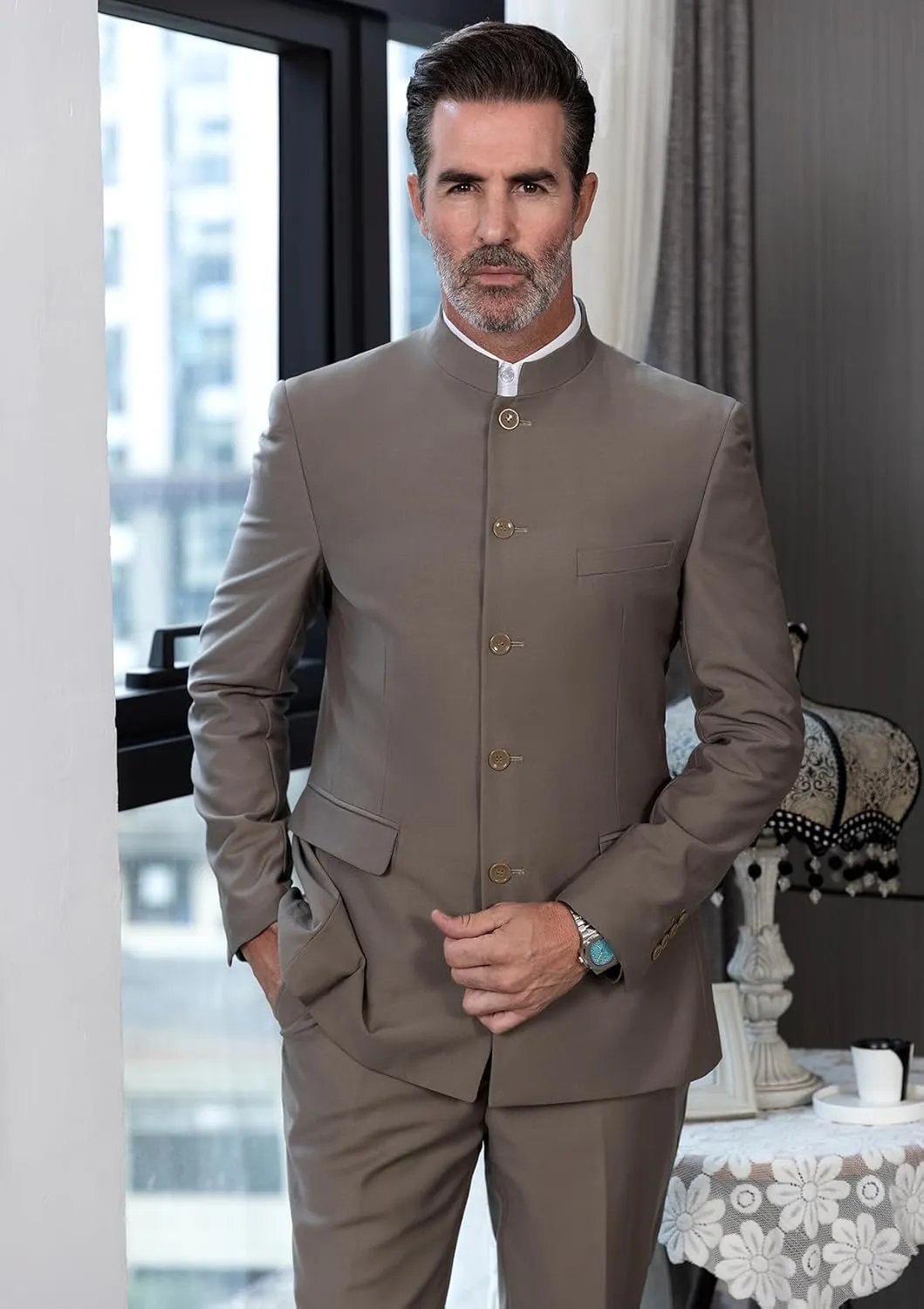 Men's 2 Pieces Suit Chinese Stand Collar Slim Fit Mandarin Formal Mens Suit Traditional Wedding Outfits